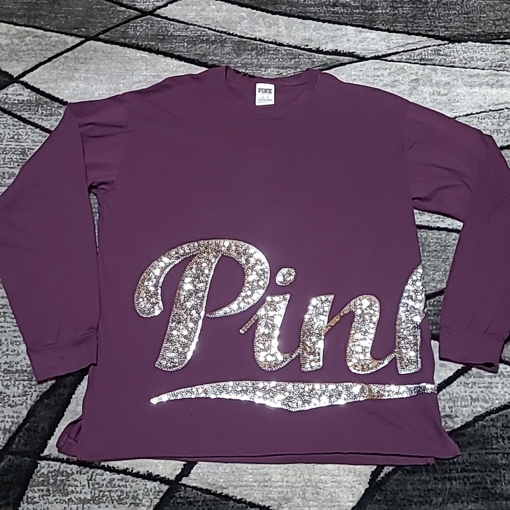 VS PINK 2016 CAMPUS SILVER BLING SEQUINS WRAP AROUND LOGO LONG-SLEEVE TE…